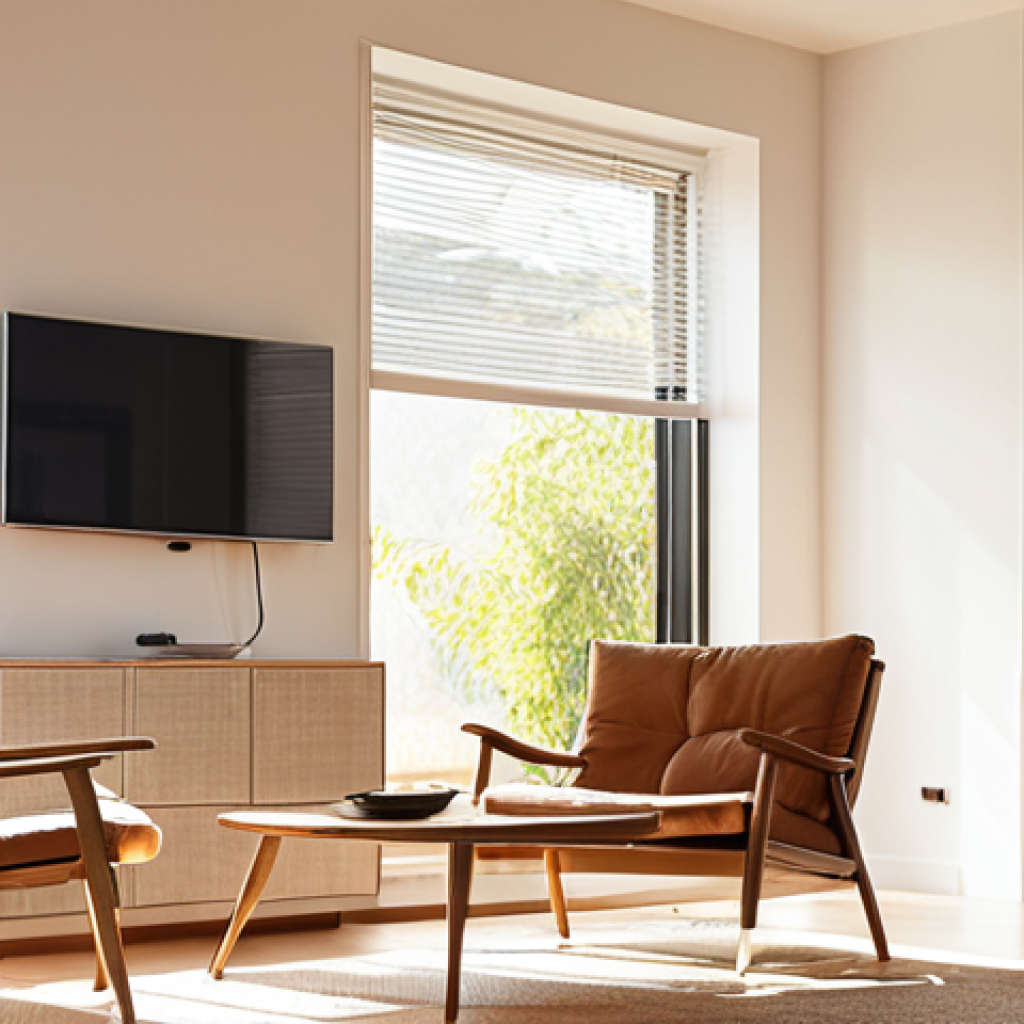 **A modern, sunlit living room featuring a smart thermostat and voice-controlled lighting. The scene should depict a comfortable and energy-efficient home environment, with subtle integration of technology.**