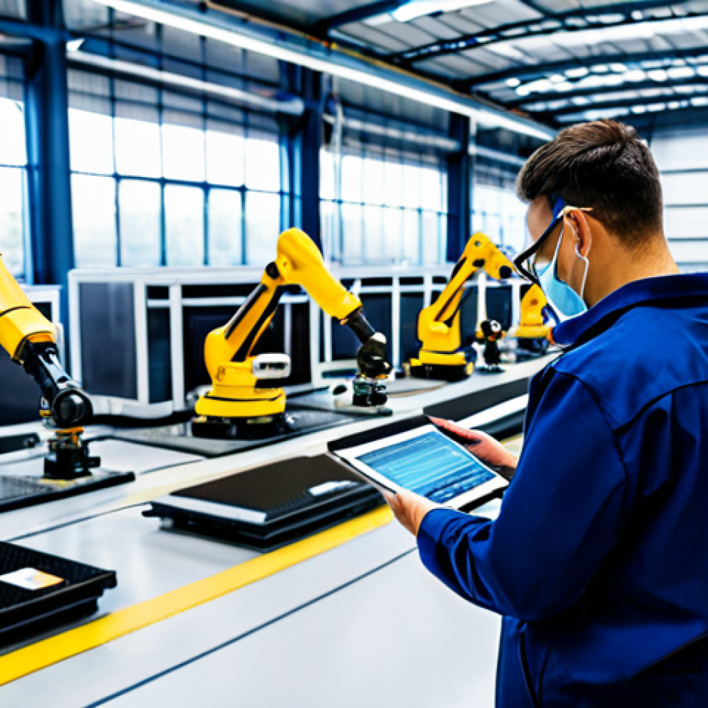 Predictive Maintenance in a Factory**

"A brightly lit, modern factory floor. A technician in professional workwear uses a tablet to analyze data from a machine. Sensors are visible on the machine. Background shows a bustling production line with robotic arms and workers in safety gear. Focus on the technician and the data being analyzed. Perfect anatomy, correct proportions, well-formed hands, appropriate attire, fully clothed, safe for work, professional, high quality, natural pose, appropriate content, family-friendly."

**