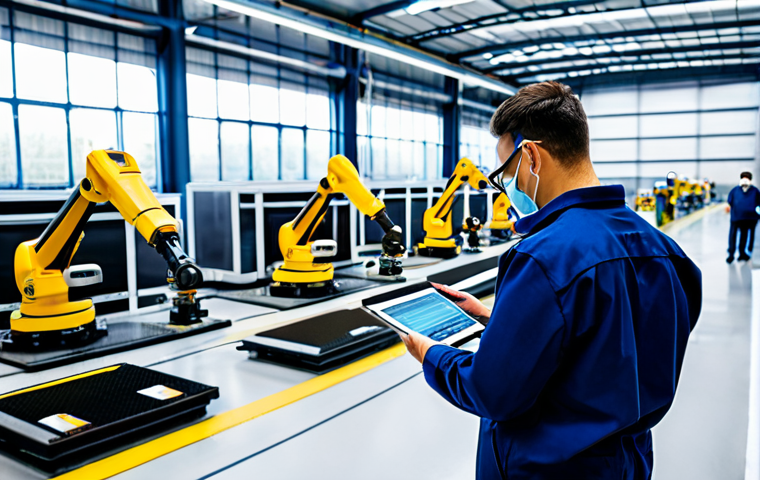 Predictive Maintenance in a Factory**

"A brightly lit, modern factory floor. A technician in professional workwear uses a tablet to analyze data from a machine. Sensors are visible on the machine. Background shows a bustling production line with robotic arms and workers in safety gear. Focus on the technician and the data being analyzed. Perfect anatomy, correct proportions, well-formed hands, appropriate attire, fully clothed, safe for work, professional, high quality, natural pose, appropriate content, family-friendly."

**