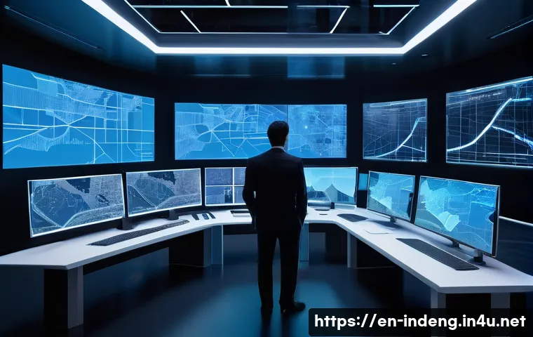 산업공학과 최적화 알고리즘 - A highly detailed digital illustration of a futuristic control room where engineers are monitoring l...