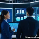 Home 22 산업공학과 디지털 트윈 - A futuristic industrial control room featuring large transparent digital screens displaying real-tim...