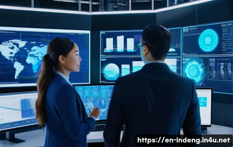 산업공학과 디지털 트윈 - A futuristic industrial control room featuring large transparent digital screens displaying real-tim...