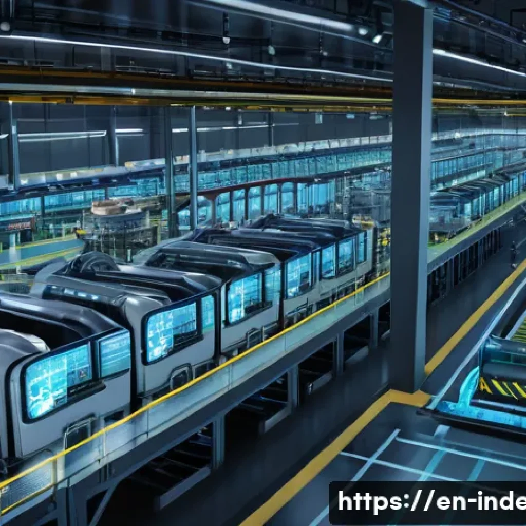 산업공학 네트워크 분석 - A detailed, high-tech industrial factory floor scene showcasing a complex network of interconnected ...
