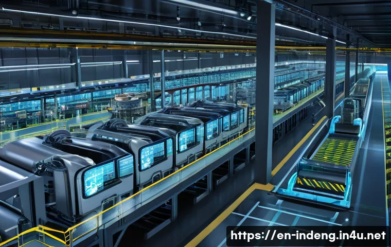 산업공학 네트워크 분석 - A detailed, high-tech industrial factory floor scene showcasing a complex network of interconnected ...