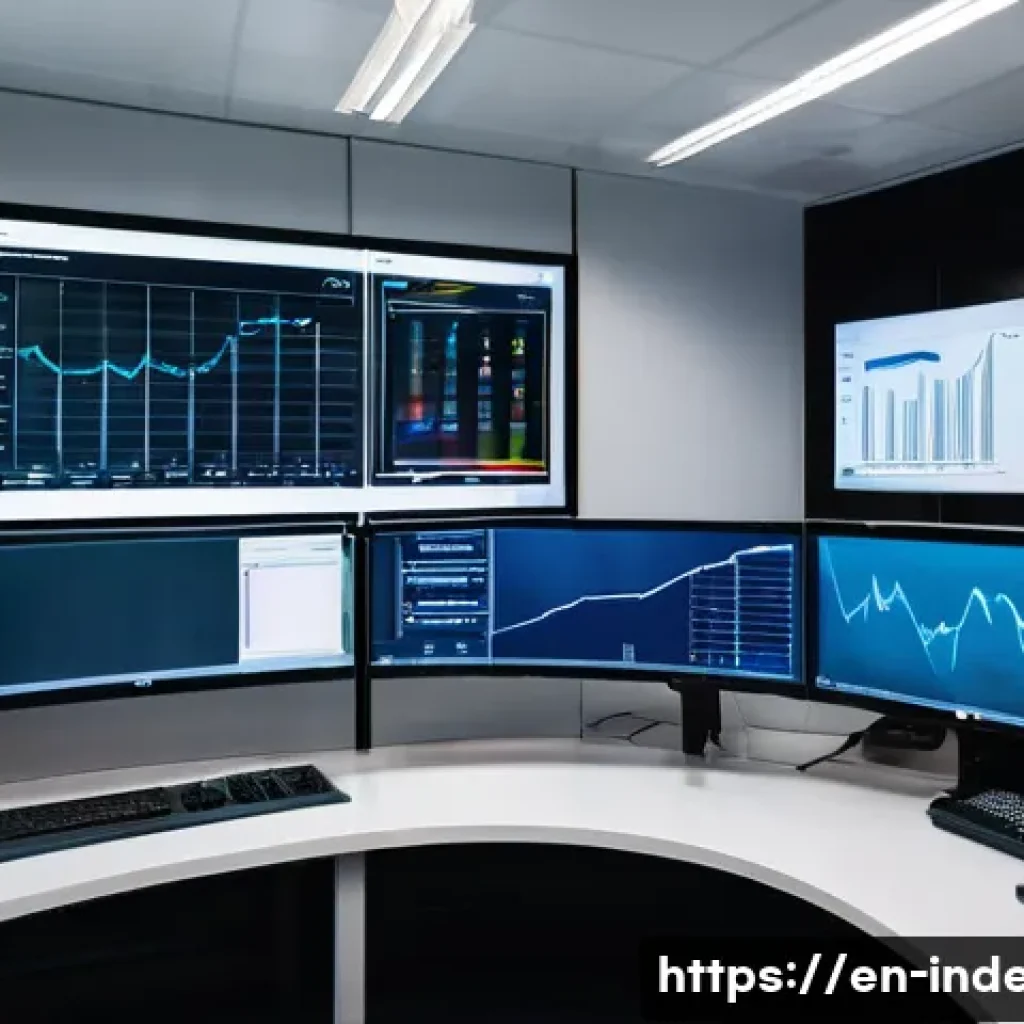 산업공학과 미래 공장 운영 - A modern industrial factory control room featuring a large, curved digital dashboard wall displaying...
