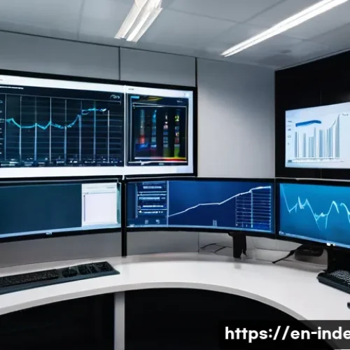 Home 32 산업공학과 미래 공장 운영 - A modern industrial factory control room featuring a large, curved digital dashboard wall displaying...