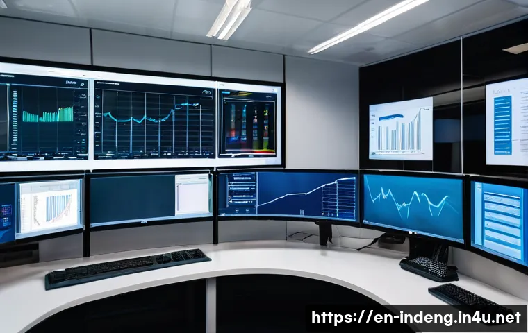 산업공학과 미래 공장 운영 - A modern industrial factory control room featuring a large, curved digital dashboard wall displaying...