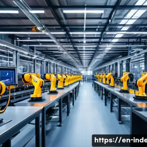Home 31 산업공학과 산업 디자인 - A modern smart factory interior bustling with activity, showcasing advanced robotic arms assembling ...
