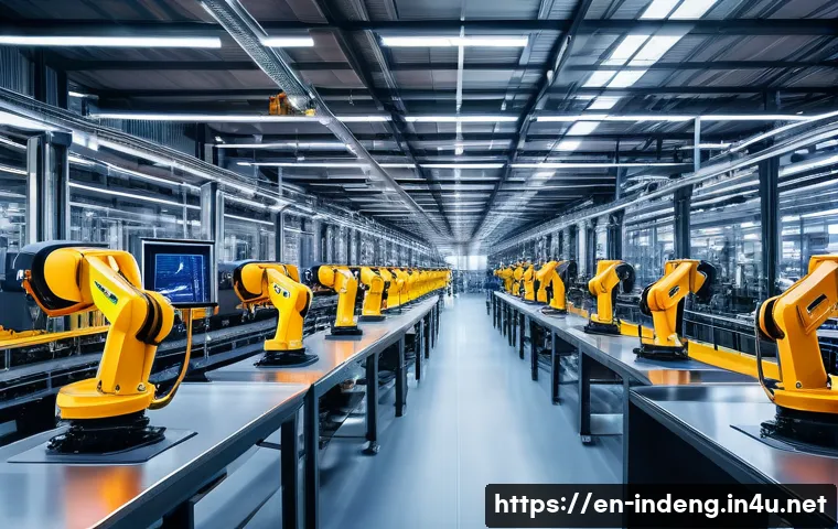 산업공학과 산업 디자인 - A modern smart factory interior bustling with activity, showcasing advanced robotic arms assembling ...