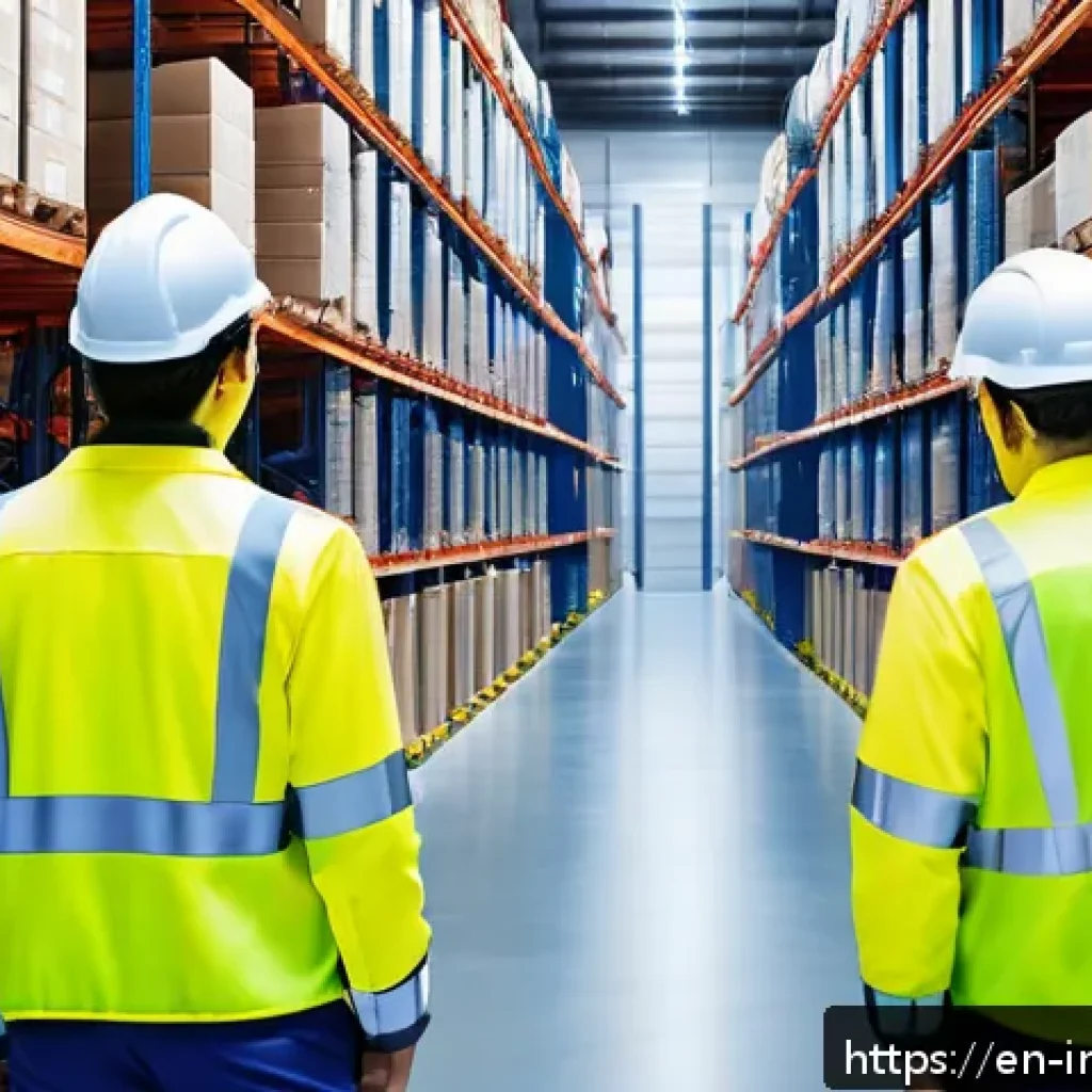 산업공학과 재고 관리 최적화 - A modern warehouse interior showcasing an advanced inventory management system, with workers scannin...