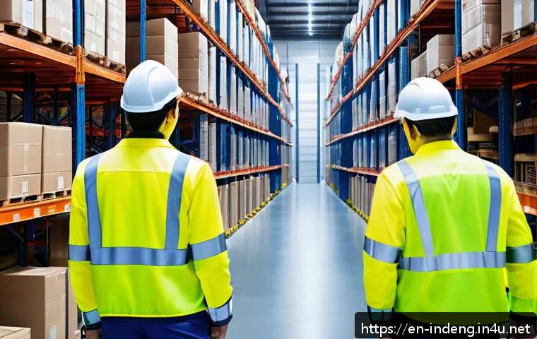 산업공학과 재고 관리 최적화 - A modern warehouse interior showcasing an advanced inventory management system, with workers scannin...