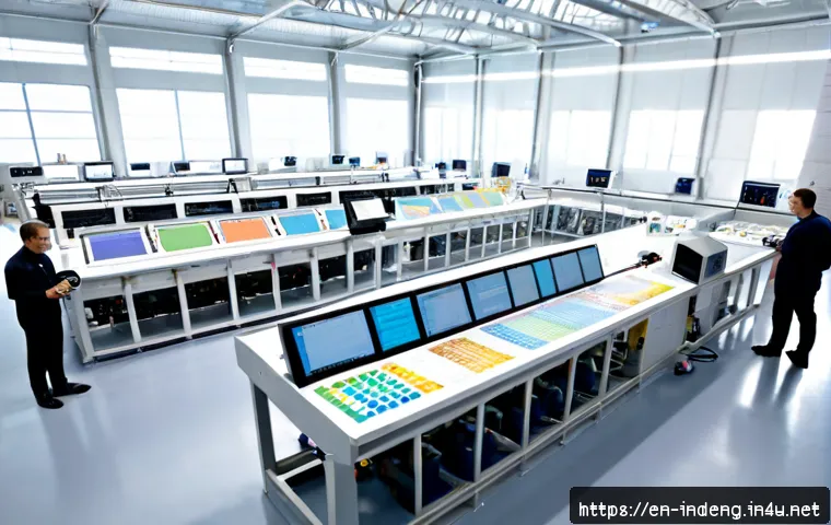 산업공학 시스템 최적화 - Photorealistic industrial engineering control room, diverse operations team reviewing a large factor...